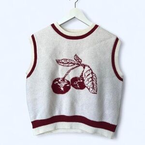 Red and Cream Knit Cherry Sweater Vest